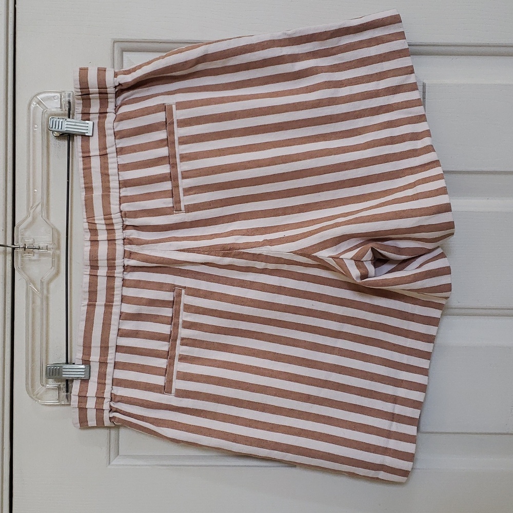 Ann Taylor Striped Tan White Cotton Linen Shorts Flat Front Pockets Casual | 10 - Picture 7 of 10